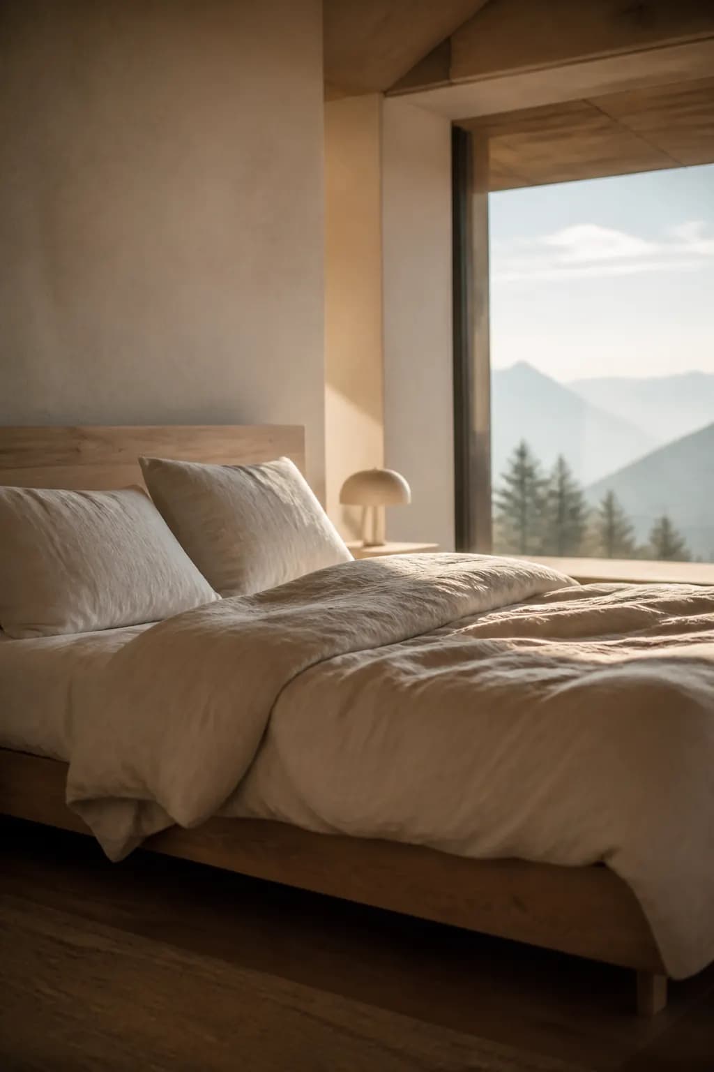 Chambre suisse épurée avec un lit en chêne clair et une vue sur les Alpes au petit matin